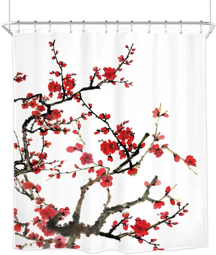 Miniatura 6 de Cortina de ducha floral roja para baño, 60 pulgadas de ancho x 72 pulgadas de largo, flor de cerezo, ciruela, estética asiática, japonesa, acuarela
