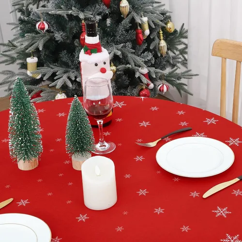 Miniatura 5 de CAROMIO Mantel redondo de Navidad de 60 pulgadas, mantel de Navidad con copos de nieve rojos, mantel decorativo de interior para exteriores