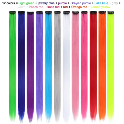 Miniatura 2 de Paquete de 12 extensiones de cabello de colores arcoíris, mechones para fiestas, 22 pulgadas, extensiones de cabello coloridas con clip, mechones