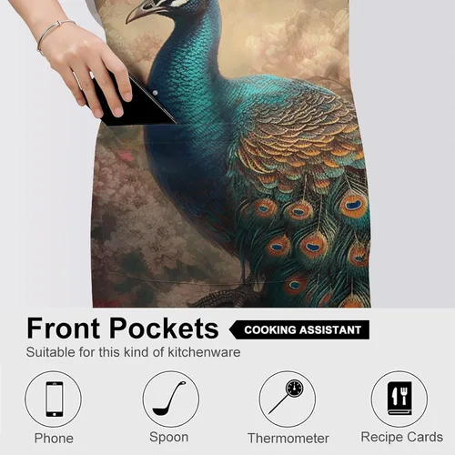 Miniatura 5 de MUSM Apron for Adults - 27.6 X 31.5 Inch, Heavy-Duty Polyester Aprons with Two Large Pockets, Waterproof Oriental Peacock Pattern Kitchen Apron for