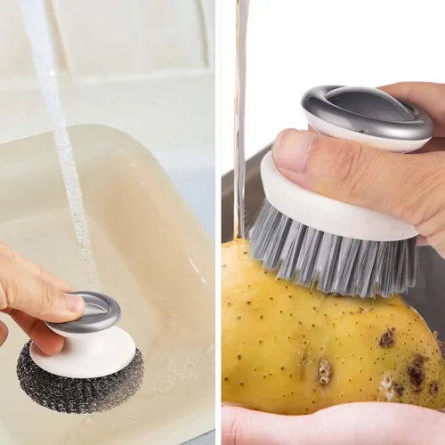 Miniatura 5 de Estropajo de platos con asa, cepillo de lana y alambre de acero inoxidable para limpiar tazones de cocina, ollas, sartenes (gris)