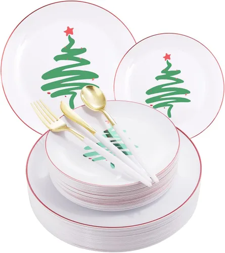 Miniatura 11 de LIYH - 150 platos de plástico transparente y dorado, elegante juego de vajilla desechable de plástico dorado que incluye platos de cena y postre