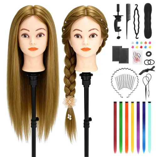 Miniatura 10 de Cabeza de maniquí 100% cabello humano, cabeza de maniquí de 18 pulgadas con cabello humano real, cabeza de muñeca cosmetología para peluquería