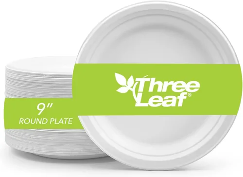 Miniatura 10 de three leaf Plato redondo de bagazo de 10 pulgadas, 25 unidades, platos de bagazo desechables, resistentes, súper fuertes, naturales y ecológicos
