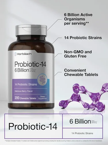 Miniatura 4 de Horbäach Probióticos 6 mil millones de UFC 200 tabletas masticables Sabor a bayas 14 cepas probióticas Suplemento vegetariano, sin OMG y sin