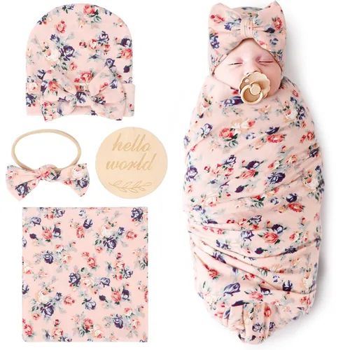 Miniatura 13 de DRESHOW BQUBO Manta de Recepción para Recién Nacido con Conjunto de Gorro con Lazo Estampado de Flores Manta Envolvente para Bebé con Gorro 1 juego