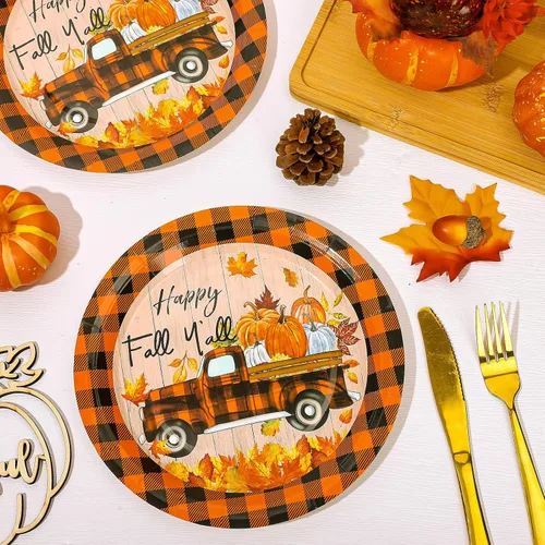 Miniatura 3 de Whaline 40 platos de papel de otoño de 9 pulgadas, platos de papel desechables a cuadros de búfalo naranja y negro, platos de papel desechables