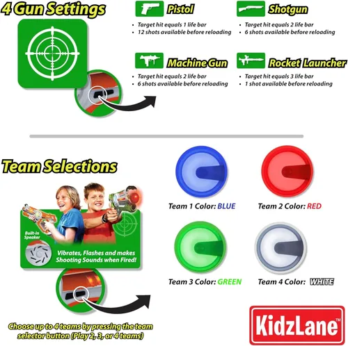 Miniatura 6 de Kidzlane Juego de 4 pistolas láser para niños y adultos, juego de etiquetas láser infrarrojo con rango de 130 pies, 4 modos de equipo y pistola