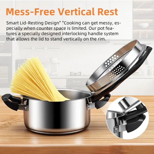 Miniatura 5 de Olla de pasta de acero inoxidable con colador, fácil de manchar y perfecta para solteros y parejas, apta para lavavajillas, 3 cuartos de galón