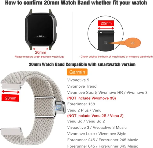 Miniatura 2 de Abanen Correa elástica de nailon trenzado de 0.787 pulgadas para Garmin Vivoactive 5/Venu Sq/Venu 2 Plus, correa elástica suave con cierre magnético