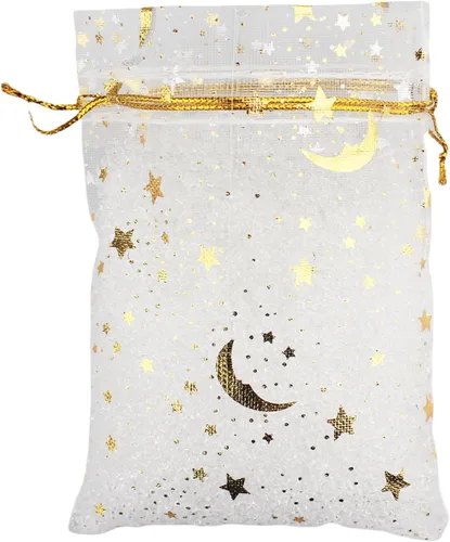 QIANHAILIZZ - 100 bolsas de organza con diseño de estrellas y lunas para joyas, para regalo de caramelos, regalo de matrimonio, con cordón
