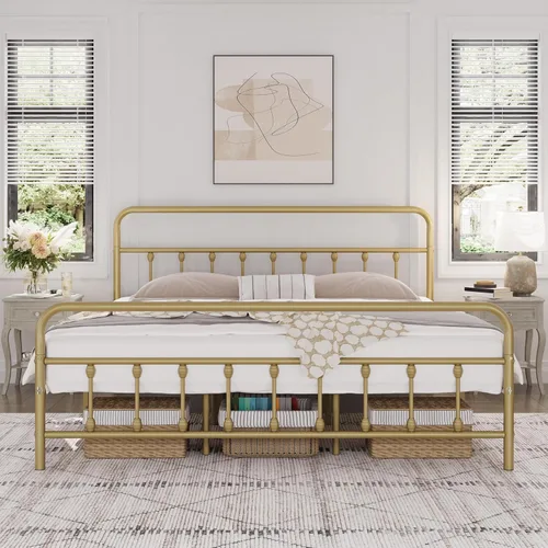 Miniatura 19 de Yaheetech Base de cama clásica de metal con base de colchón con estilo victoriano, cabecera, estribo, almacenamiento debajo de la cama, no necesita