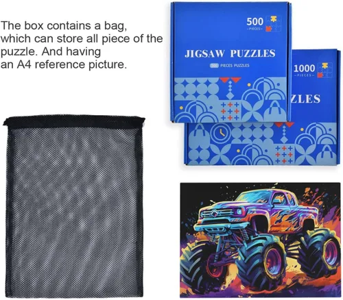 Miniatura 7 de Rompecabezas de camión monstruo de neón, 1000 piezas de material compuesto de madera de papel, con bolsa de almacenamiento e imagen de referencia