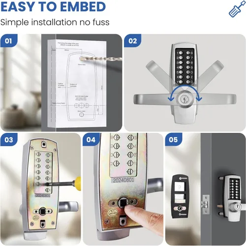 Miniatura 7 de Cerradura de puerta de entrada sin llave con asa - Cerradura de puerta mecánica 100% sin baterías - Fácil de instalar y usar - Cerradura con teclado