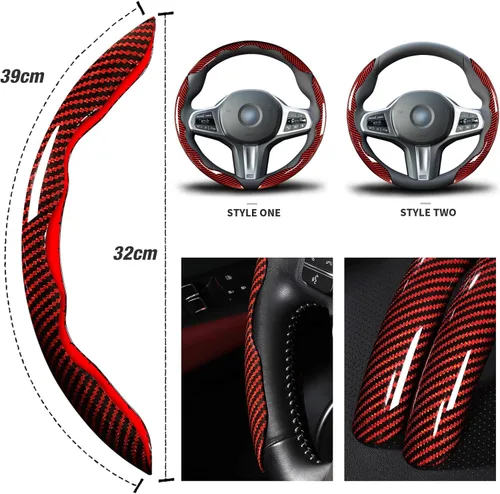 Miniatura 5 de Juego de fundas para volante de automóvil, funda de fibra de carbono brillante, antideslizante, 3 piezas, accesorios para volante de 14.5-15 Rojo