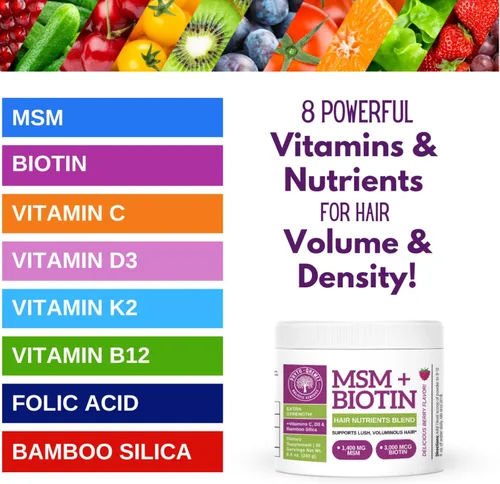 Miniatura 4 de Qhemet Biologics MSM + Biotin - Mezcla de bebida nutritiva para el cabello, vitaminas en polvo para apoyar un volumen exuberante, sílice de bambú
