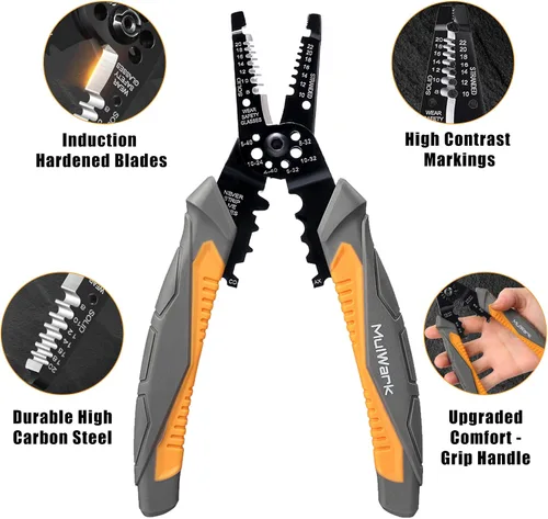 Miniatura 4 de MulWark Pelacables automático autoajustable 3 en 1, cortador/engarzador, alicates múltiples de 8 pulgadas para pelar cables eléctricos, corte