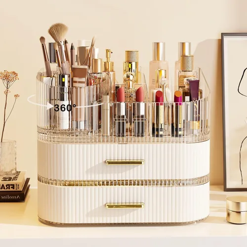 Miniatura 11 de Organizador de maquillaje giratorio de 360° con cajón, exhibición de almacenamiento de cosméticos de acrílico transparente, contador de belleza
