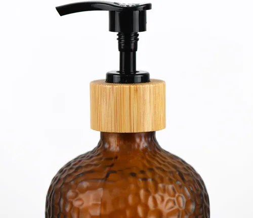 Miniatura 5 de Dispensador de jabón de vidrio de 16 onzas con cabezal de bomba de bambú, dispensador de jabón de cocina y baño recargable para jabón de manos, Ámbar