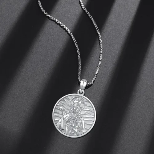 Miniatura 524 de Collar con colgante de plata de ley 925 con medalla de San Patrón, joyería religiosa para hombres y mujeres, con cadena de acero inoxidable 316L