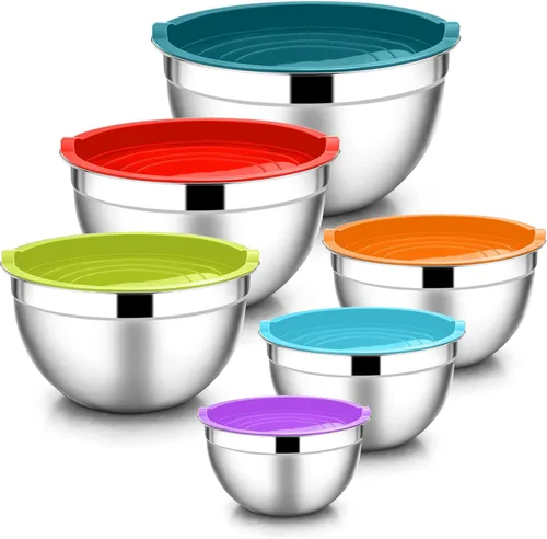 Miniatura 17 de E-far Tazones para mezclar con tapas, juego de 6 piezas de tazones para ensalada de acero inoxidable, tazones de metal anidables para hornear, Azul