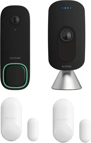 ecobee Paquete de seguridad para el hogar con cámara de timbre inteligente (cable), sensor inteligente para puertas y ventanas y cámara inteligente