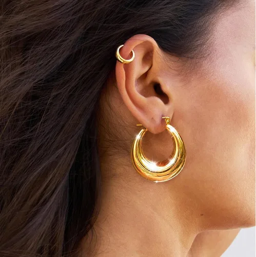 Miniatura 55 de Aretes de aro gruesos de oro para mujer, chapados en oro de 14 quilates, aretes de aro triple, hipoalergénicos, a la moda, aretes de aro gruesos