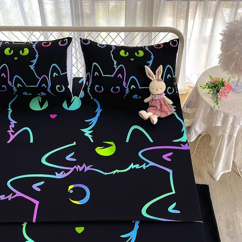 Miniatura 5 de BailiPromise Lindo juego de sábanas de dibujos animados de gatos, tamaño completo, sábanas de animales para niños con funda de almohada, sábana Son