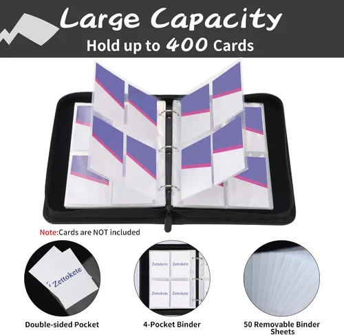Miniatura 2 de Carpeta para tarjetas coleccionables de 4 bolsillos con cremallera y correa de mano, capacidad para hasta 400 tarjetas, carpeta TCG de piel