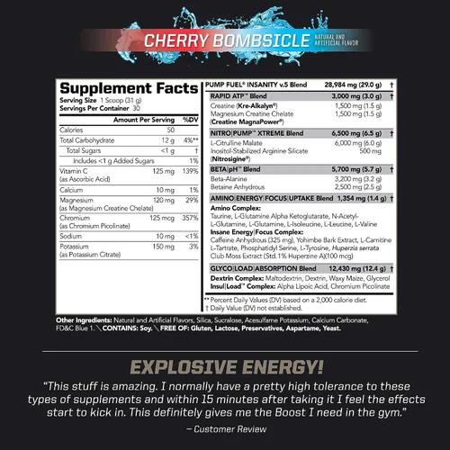 Miniatura 5 de PMD Sports Ultra Pump Fuel Insanity - Pre entrenamiento - Cherry Bombsicle (30 porciones) Sports CG5 Premium Creatina y L-Glutamina en polvo