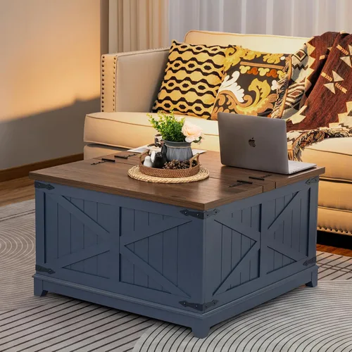 Miniatura 4 de Joaxswe - Mesa de café de granja con organizador de almacenamiento oculto, mesa central cuadrada moderna y grande, mesas bajas de madera estilo Azul