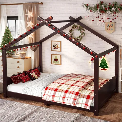 Miniatura 22 de Camas de madera Montessori tamaño individual, cama de plataforma para niños con cabecero y estribo, cama de tienda de campaña, no necesita somier