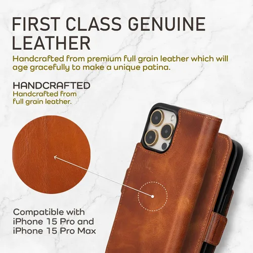 Miniatura 2 de Bayelon Funda tipo cartera para iPhone 15 Pro Max, de cuero de grano completo, cubierta abatible magnética desmontable, tarjetero, funda tipo Marrón