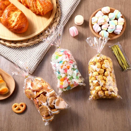 Miniatura 4 de Yexiya 100 bolsas de dulces de ganso de celofán transparentes con lazos de cinta, bolsa de plástico impresa de ganso blanco para aperitivos