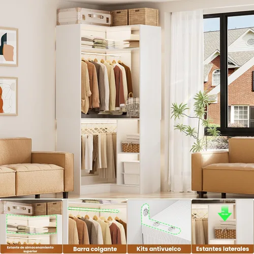 Miniatura 2 de Aheaplus - Sistema de armario de esquina con estantes, organizador de 34'' con varillas para colgar, de madera para espacios pequeños, torre Blanco