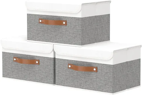 Miniatura 24 de OUTBROS Caja de almacenamiento plegable grande con tapa, organizador de armario de tela de lino, contenedores para toallas, ropa, 15 x 9.8 x 9.8
