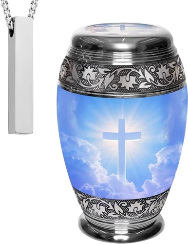 Juego de 2 urnas de cremación decorativas cruzadas para cenizas, hombres y mujeres, incluye 1 urna grande con y 1 collar para cenizas humanas