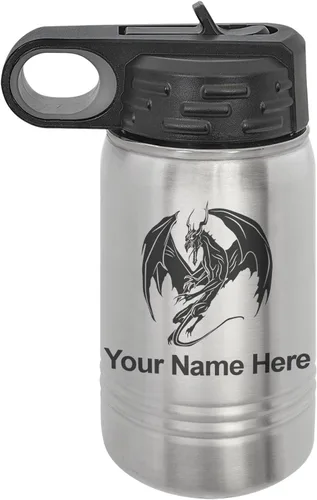 Miniatura 43 de LaserGram Botella de agua con tapa abatible de doble pared de 12 onzas con pajilla, dragón, grabado personalizado incluido (negro)