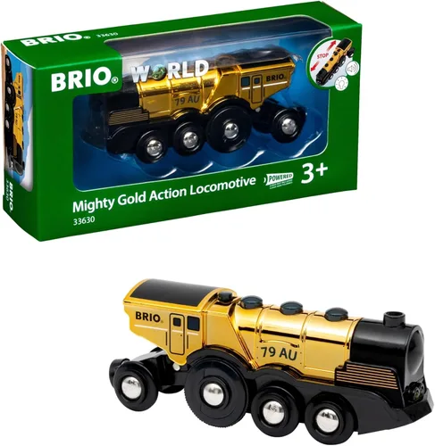 Locomotor de acción dorada potente BRIO World - Tren de juguete a batería para pista de madera - Tren motorizado con luces y sonido - Funciona con