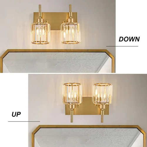 Miniatura 4 de Lámparas de baño doradas, 2 lámparas de tocador de cristal para baño, luces modernas de latón sobre espejo