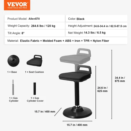 Miniatura 3 de VEVOR Silla activa con asa, altura ajustable (24.6-34.4 pulgadas), silla tambaleante hecha de tela elástica y espuma de 1.772 in, ideal para Negro