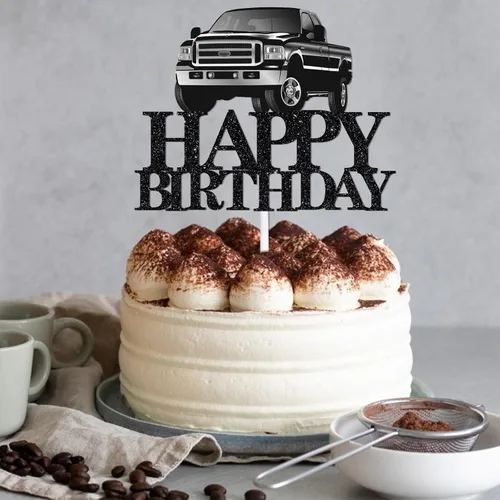 Miniatura 7 de Decoración de pastel de camioneta con temática de feliz cumpleaños, púas de decoración de purpurina negra para adultos, suministros de decoración