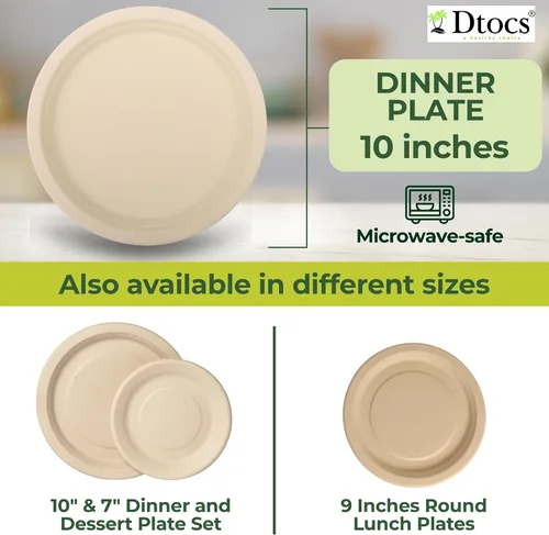Miniatura 5 de Dtocs Platos de fibra de bambú redondos de 10 pulgadas (50 piezas) Juego de vajilla desechable de platos de bambú para fiestas, cenas, barbacoas