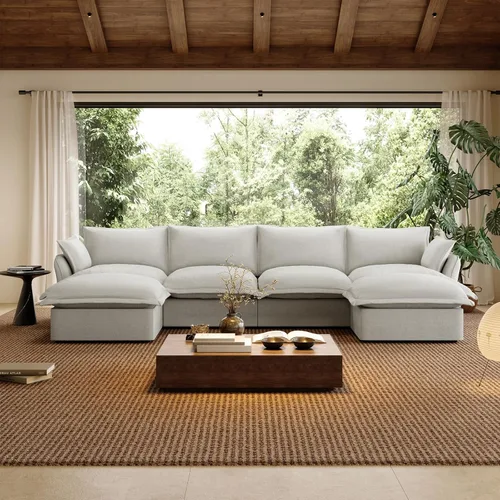 Miniatura 32 de Sofá modular de mezcla de lino para sala de estar, cómodo sofá modular con relleno de plumón, moderno sofá cama convertible con asiento profundo