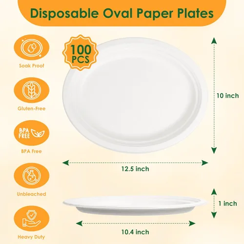 Miniatura 2 de Platos de Papel Ovalados Desechables, Paquete de 100 de 12.5 pulgadas Biodegradables Grandes, Bandejas de Bagazo Compostables de Servicio Pesado