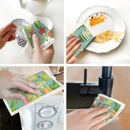 Miniatura 6 de Juego de 6 paños de cocina suecos de cactus reutilizables compostables, paños de cocina de esponja de celulosa
