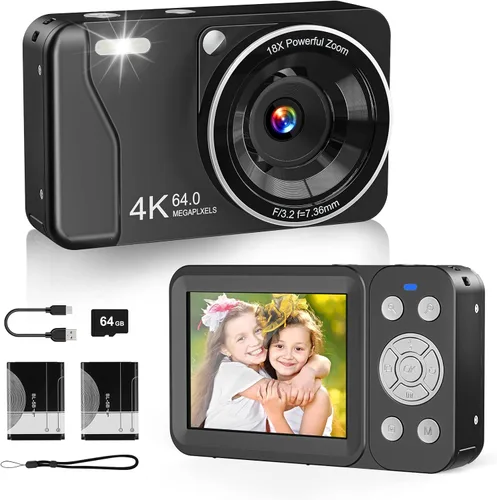 Cámara digital, 4K 64MP, zoom 18X, cámara digital de apuntar y disparar con tarjeta TF de 64 GB y 2 baterías, cámara pequeña recargable portátil
