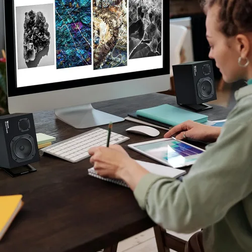 Miniatura 6 de C-1 Soportes de altavoz de escritorio para altavoces pequeños, soportes inclinados de acero para altavoces de computadora (par), 15.2 pulgadas