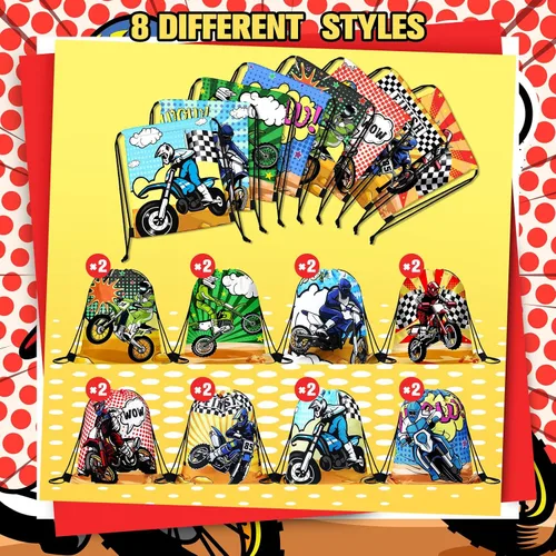 Miniatura 3 de Boao Paquete de 16 bolsas de regalos de motocross con cordón para fiestas temáticas de carreras, bolsas de regalos para fiestas de cumpleaños