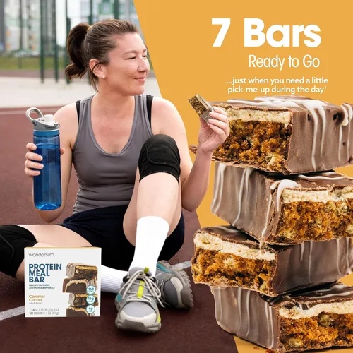 Miniatura 6 de Barra de proteínas WonderSlim para reemplazo de comida, Caramelo y Cacao, 15g de proteína, 20 vitaminas y minerales, sin gluten (7 unidades)